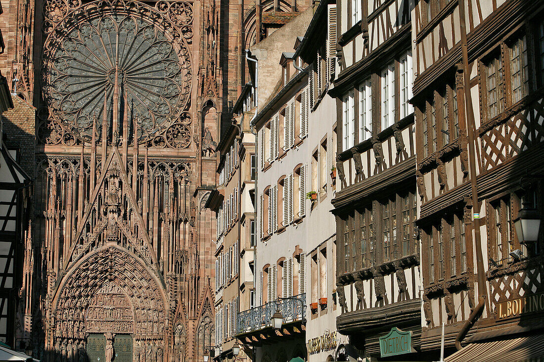 Facade On The Rue Merciere And Strasbourg Cathedral, Bas-Rhin (67), Alsace, France