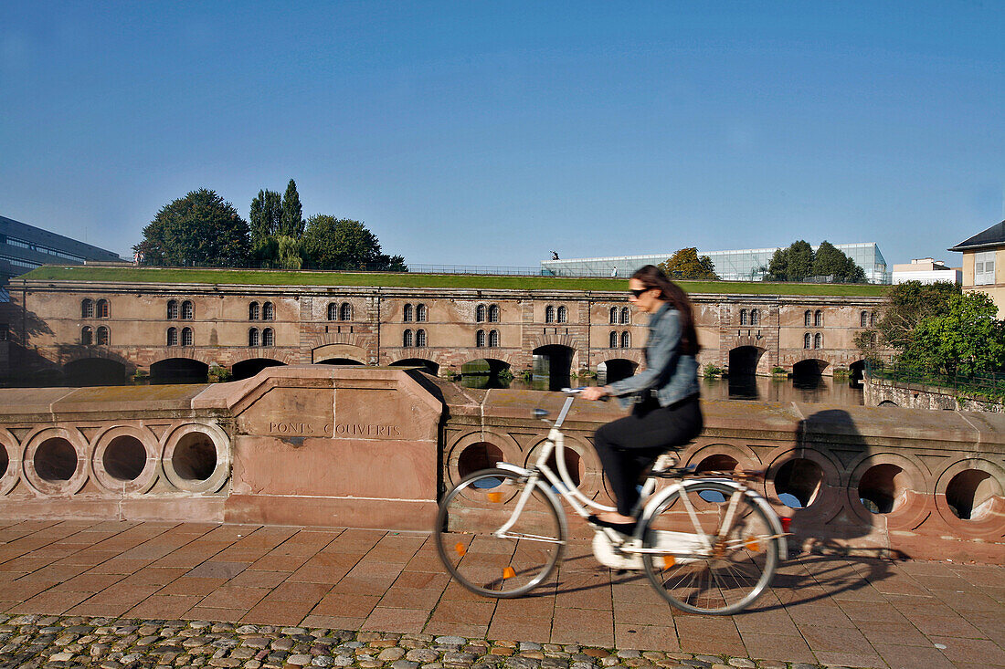 Cyclist On The Ponts Couverts And Vauban Dam, Strasbourg, Bas-Rhin (67), Alsace, France