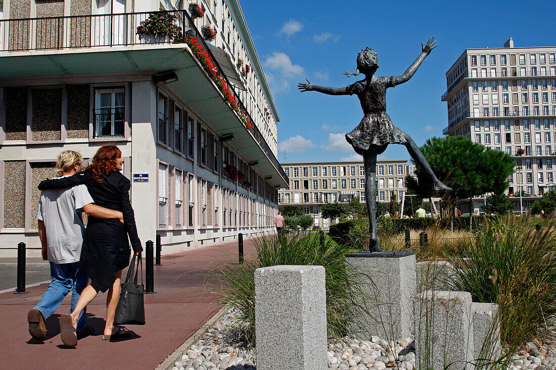 Statue Of A Dancer In Front Of Apartment Buildings In The Architecture Of Auguste Perret, Classed As World Heritage By Unesco, Boulevard Francois 1Er, Le Havre, Seine-Maritime (76), Normandy, France