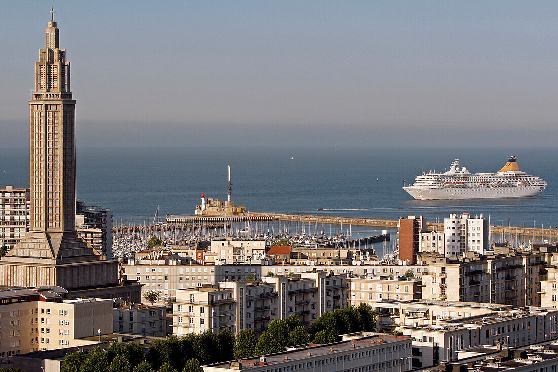 Ocean Liner Approaching The Port Of Le Havre With The Saint Joseph Church, Architecture By Auguste Perret, Classed As World Heritage By Unesco, Le Havre, Seine-Maritime (76), Normandy, France