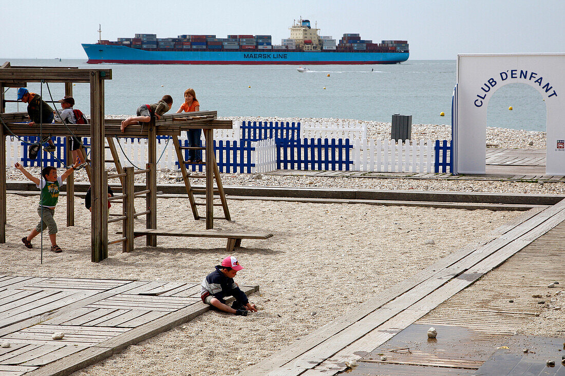 The Children'S Club Playground On The Beach With A Cargo Ship Off The Coast, Le Havre, Seine-Maritime (76), Normandy, France
