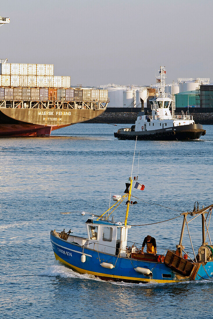 Trawler Entering The Port In Front Of The Oil Tanker Terminal, Commercial Port, Le Havre, Seine-Maritime (76), Normandy, France