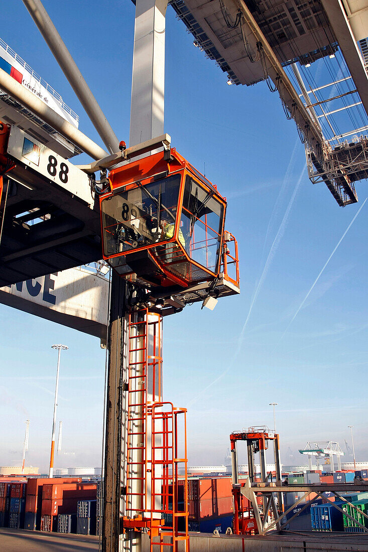 Container Ship Loading Gantry, Terminal Of France Port 2000, Commercial Port, Le Havre, Normandy, France