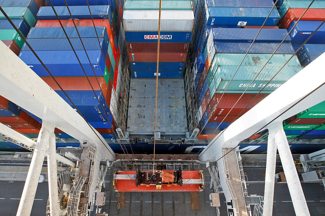 Loading Of Containers Onto A Cargo Boat, Terminal Of France Port 2000, Commercial Port, Le Havre, Normandy, France