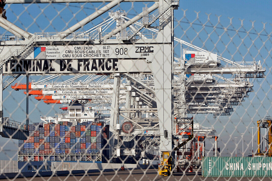 Protected Access Zone Off-Limits To Visitors, Loading Of Containers Onto A Cargo Boat, Terminal Of France Port 2000, Commercial Port, Le Havre, Normandy, France