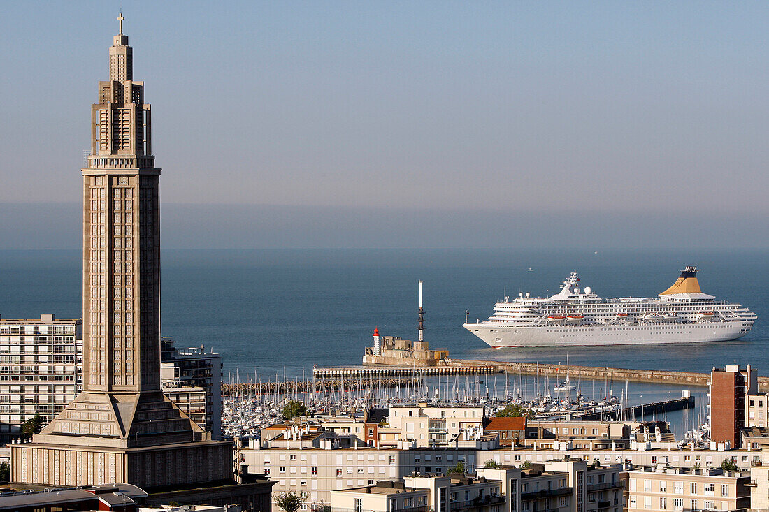 Ocean Liner In Front Of The Saint Joseph Church Built By The Architecture Auguste Perret, City Classed As A World Heritage Site By Unesco, Le Havre, Seine-Maritime (76), Normandy, France
