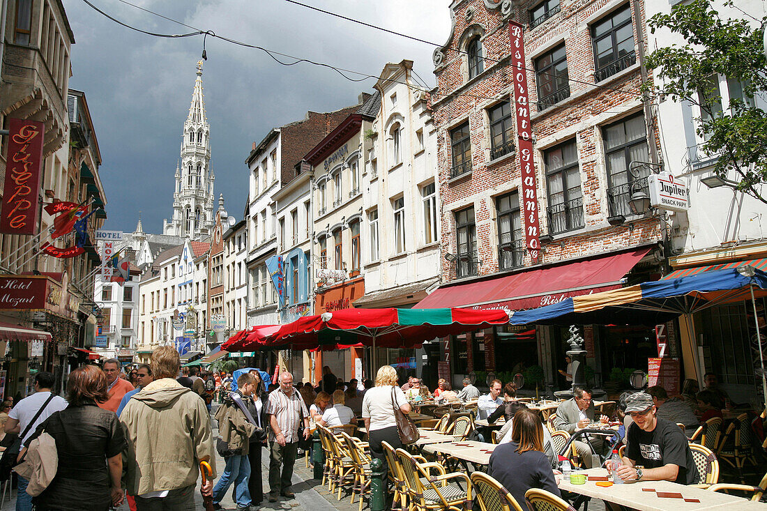 Terrace And House Facades, Rue Du Marche Aux Fromages (Cheese Market Street), Brussels, Belgium
