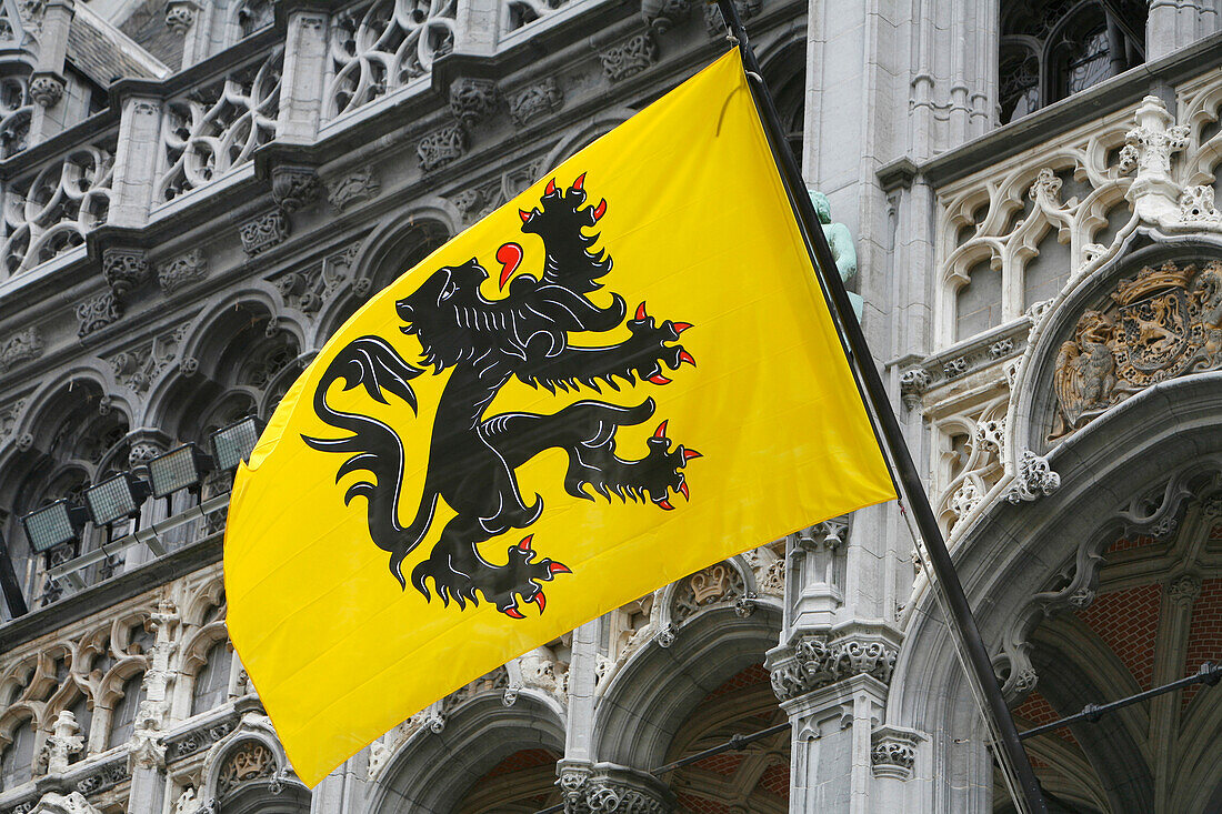 Flemish Flag, House Facade, The King'S House (A.K.A 'Het Broodhuis'), Museum Of The City Of Brussels, Grand-Place, Main Square, Brussels, Belgium