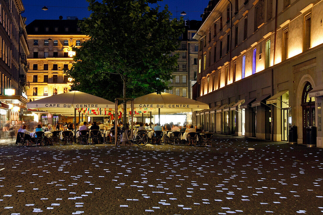 Cafe In The Center At Night, Place Du Molard, Geneva, Switzerland