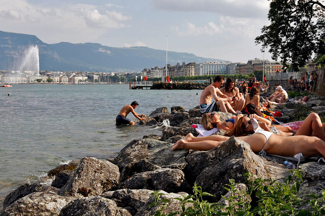Tanning Session On The Banks Of Lake Geneva With The Water-Jet In The Background, Geneva, Switzerland