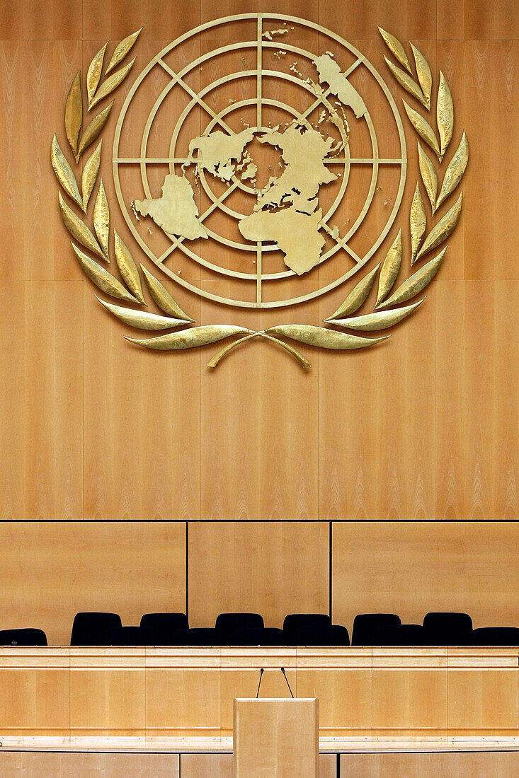 Gilded Logo Of The Uno, In The Big Assembly Hall, Palace Of Nations, United Nations Offices, Geneva, Switzerland