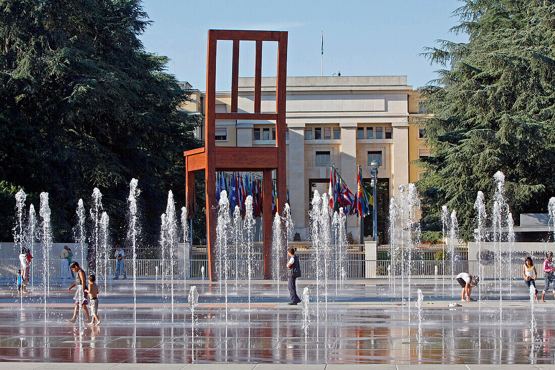 The Monumental, 12 Meter High Sculpture Of The Chair With A Broken Leg Installed On The Place Des Nations In August 1997, A Call From The Humanitarian Organization Handicap International To All Nations To Sign The Ottawa Treaty Prohibiting Antipersonnel M