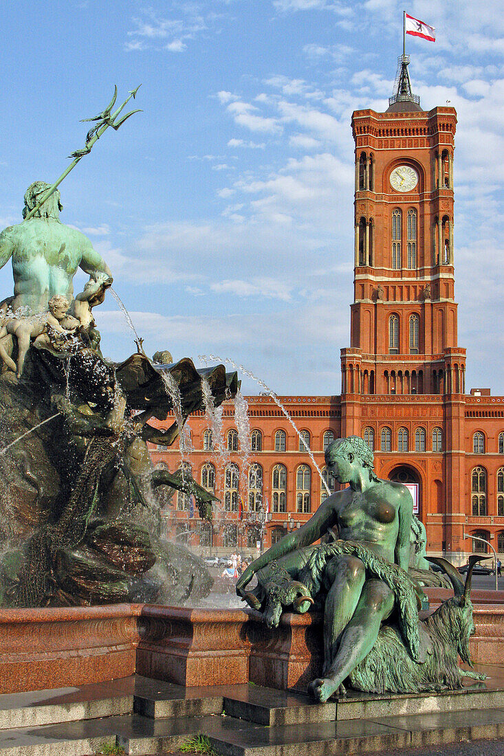 Rotes Rathaus, Red City Hall And Fountain Of Neptune, Berlin, Germany