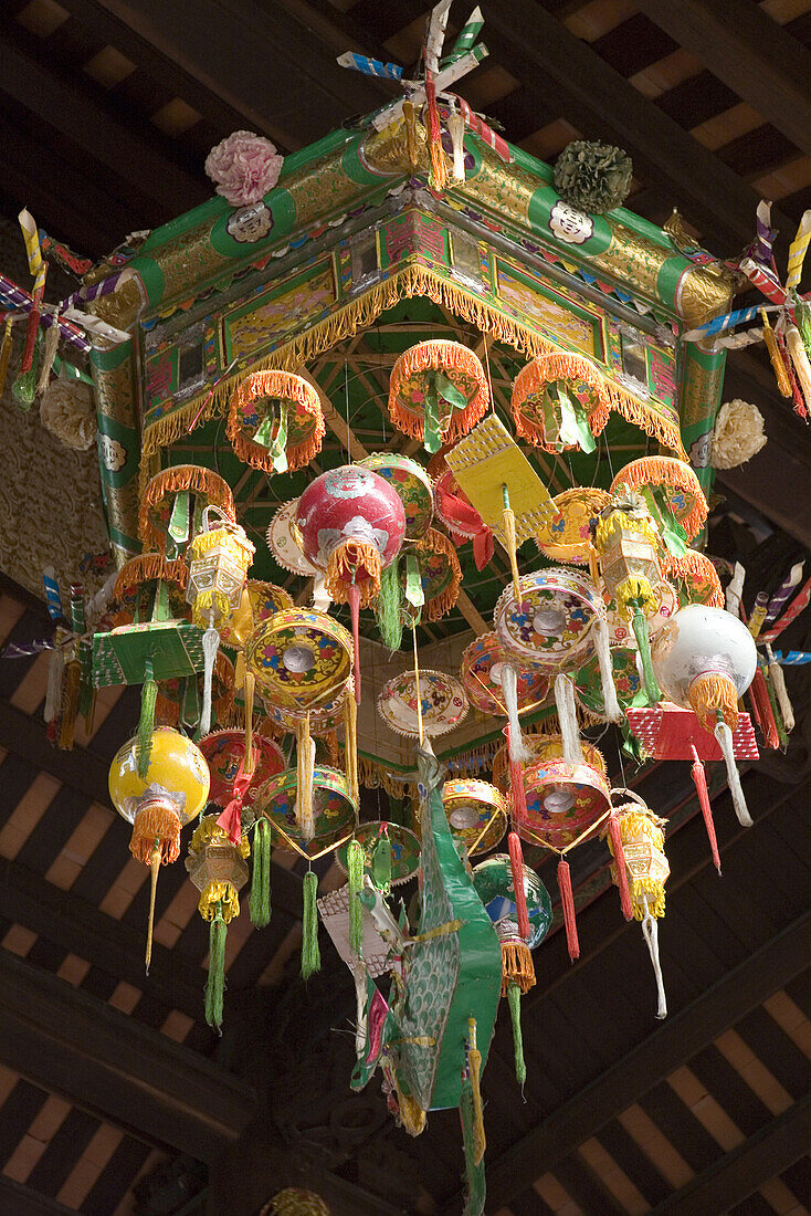 Colourful lampions inside the Tay-Ho pagoda, Hanoi, Ha Noi Province, Vietnam, Asia