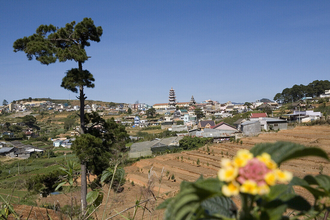 View at the town Trai Mat under blue sky, Lam Dong Province, Vietnam, Asia