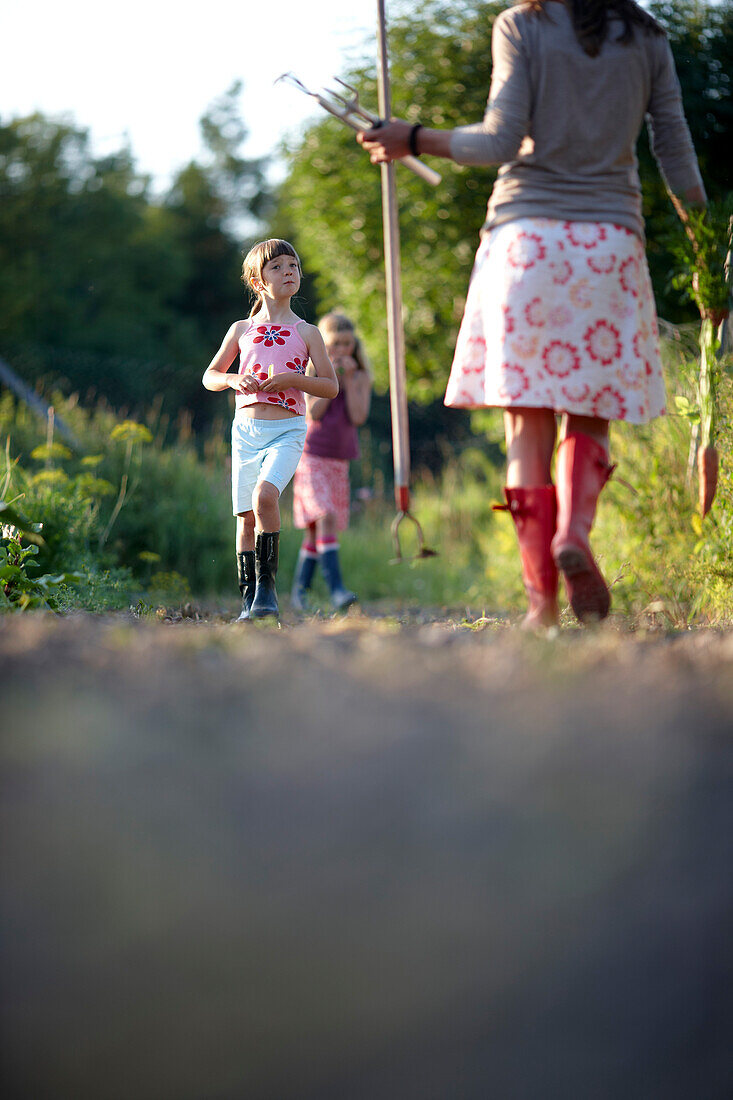 Woman and girls (6-9 years) in a vegetable garden, Lower Saxony, Germany
