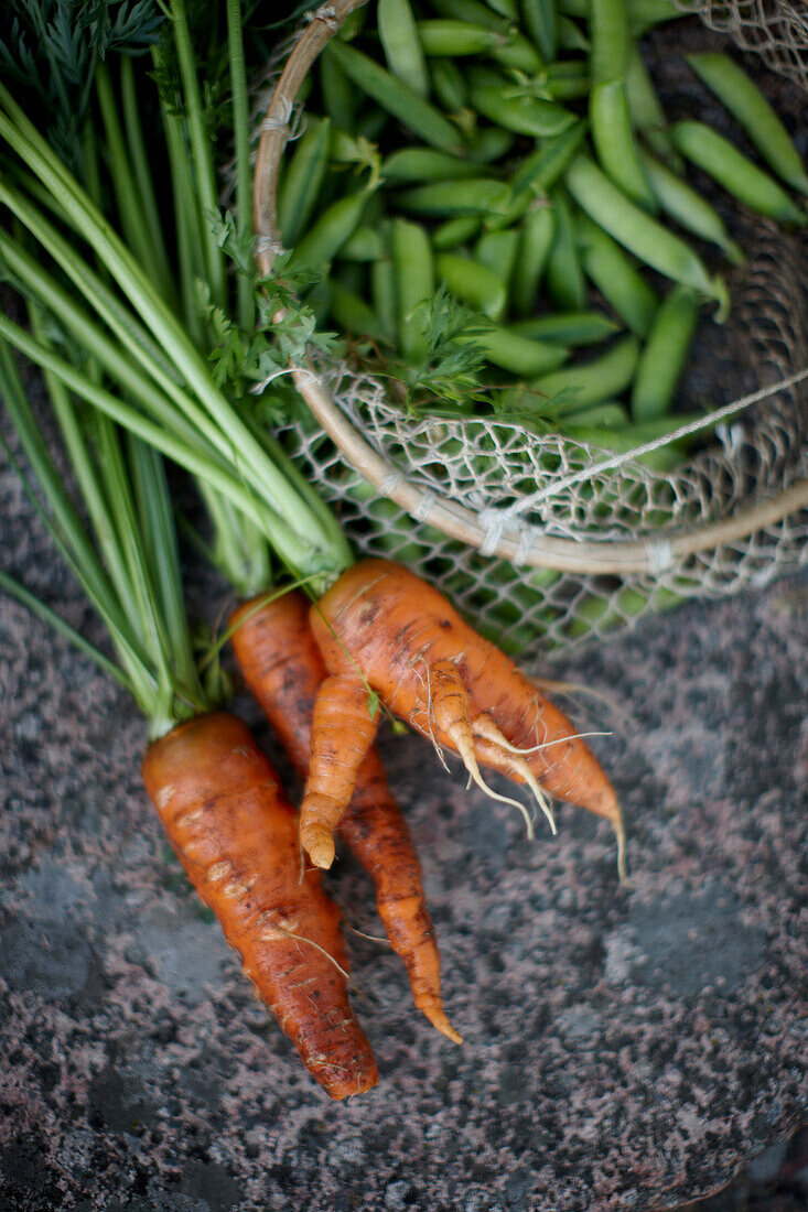Fresh carrots and peas, Lower Saxony, Germany
