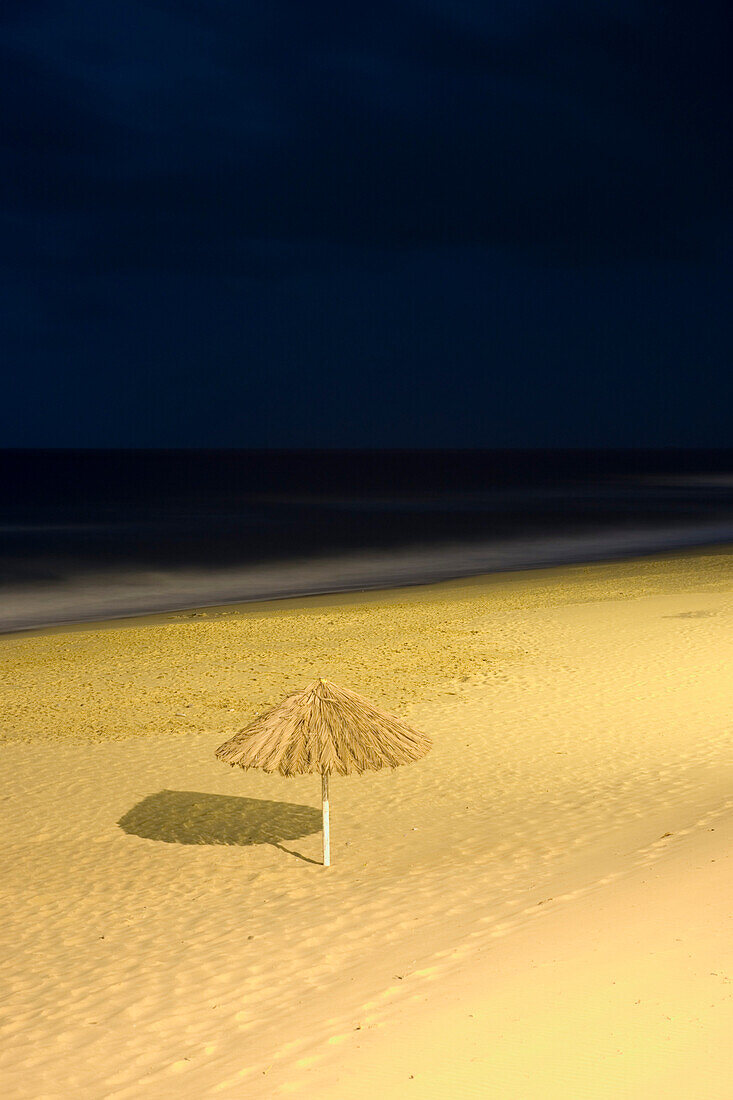 Porto Santo beach umbrella at night, Porto Santo, near Madeira, Portugal