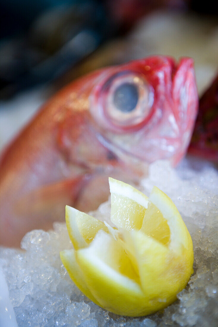 Stilleben mit gelber Zitrone und rotem Fisch im Vila do Peixe Restaurant, Camara de Lobos, Madeira, Portugal
