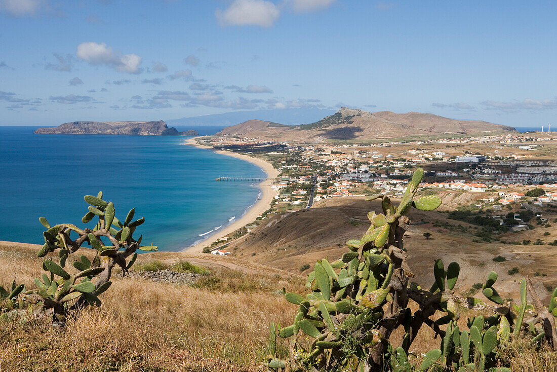 Blick von Portela auf Porto Santo Strand und Ortschaft mit Opuntia Kakteen im Vordergrund, Vila Baleira, Porto Santo, nahe Madeira, Portugal