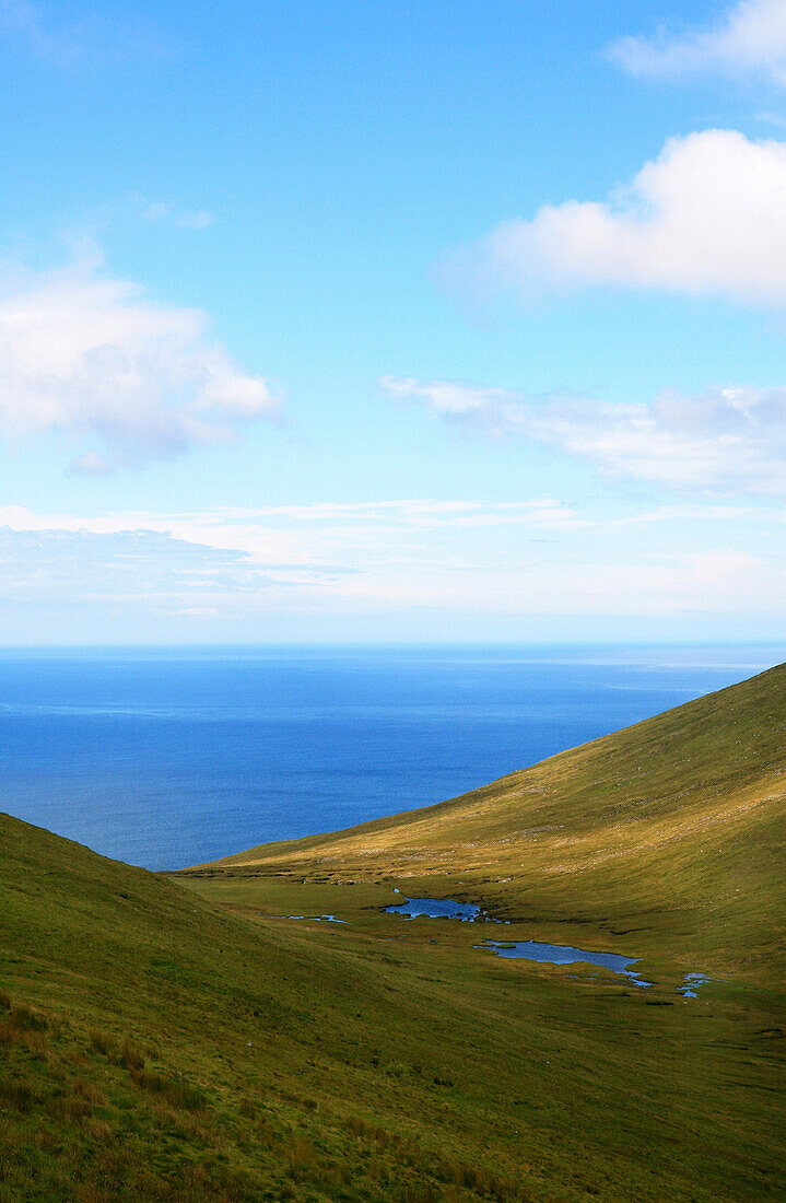 Blick über Wiesen und den Atlantik, Achill Head, Achill Island, County Mayo, Westküste, Irland, Europa