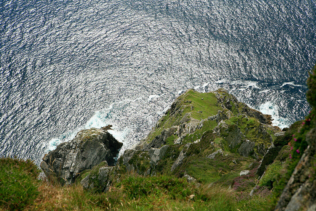 High angle view at rocky coast and ocean, Cliffs of Croaghaun, Achill Head, Achill Island, County Mayo, West coast, Ireland, Europe