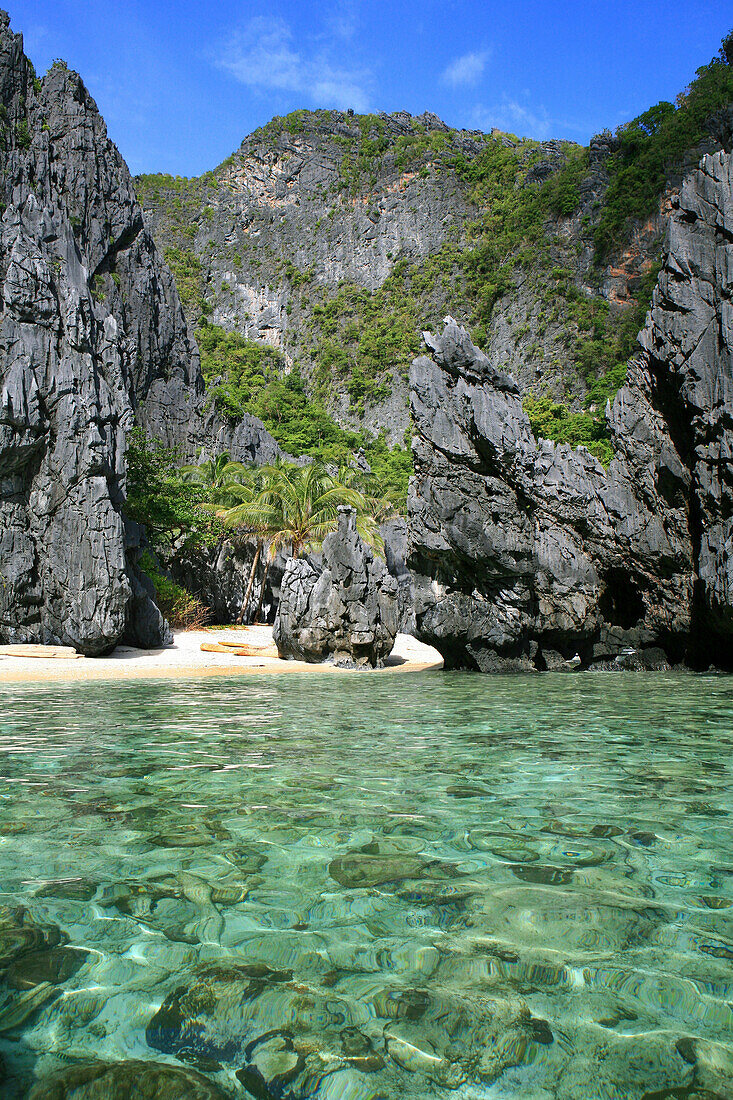 Mit Palmen gesäumter Sandstrand auf einer unbewohnten Kalksteininsel im Sonnenlicht, Bacuit-Archipel, El Nido, Palawan, Philippines