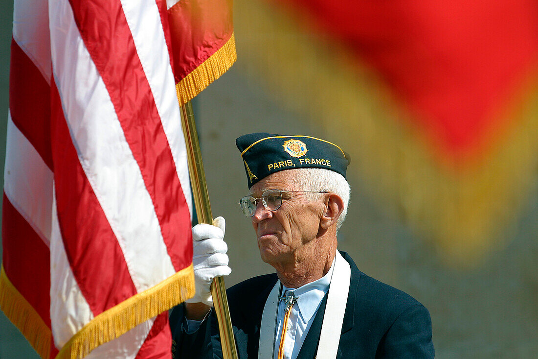 Flag-Bearing American Veteran, American Military Cemetery Of Colleville-Sur-Mer, June 6, 1944 D-Day Commemoration On The Normandy Landing Beaches, Calvados (14), Normandy, France