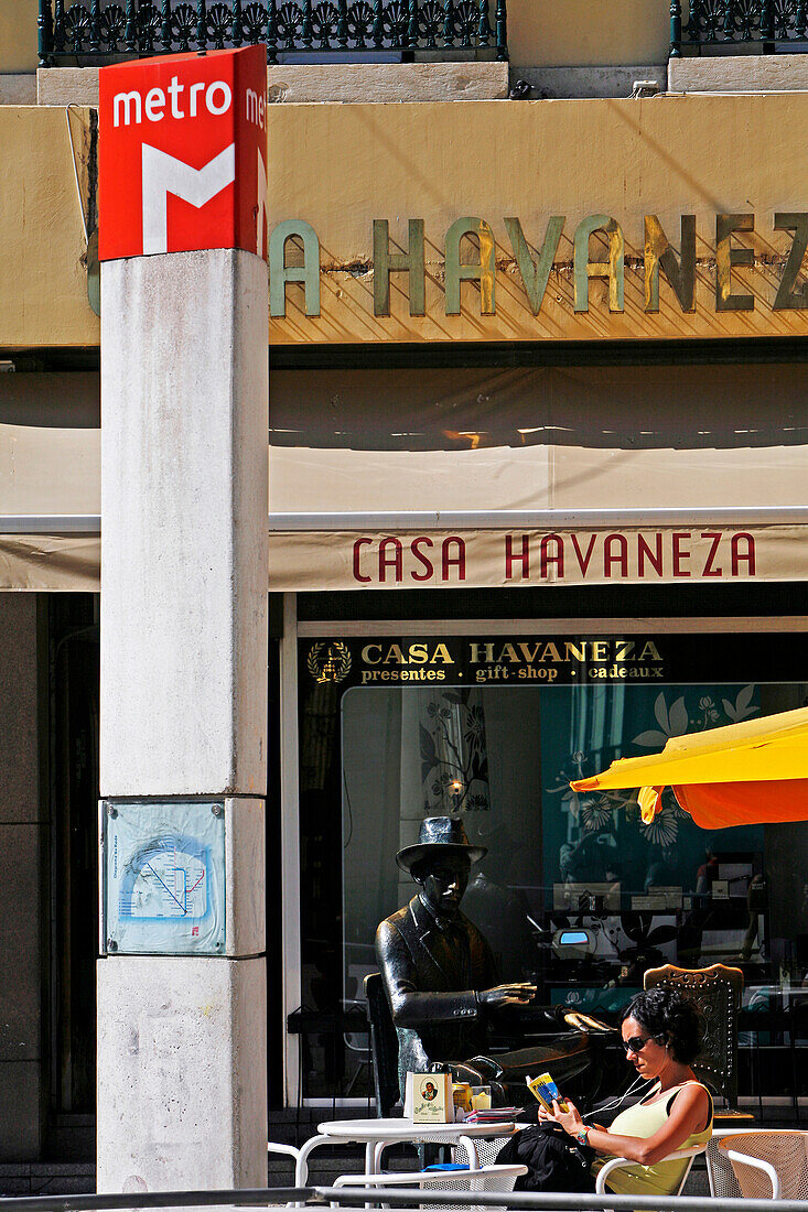 Baixa-Chiado Subway Station, Rua Garrett, Sidewalk Cafe A Brasileira And Statue Of Fernando Pessoa, Chiado District, Portugal, Europe