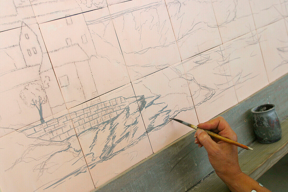 Drawing On The Ceramics Before They Go In The Kiln, Azulejos Makers, Ceramica De Bicesse, Cascais Region, Portugal