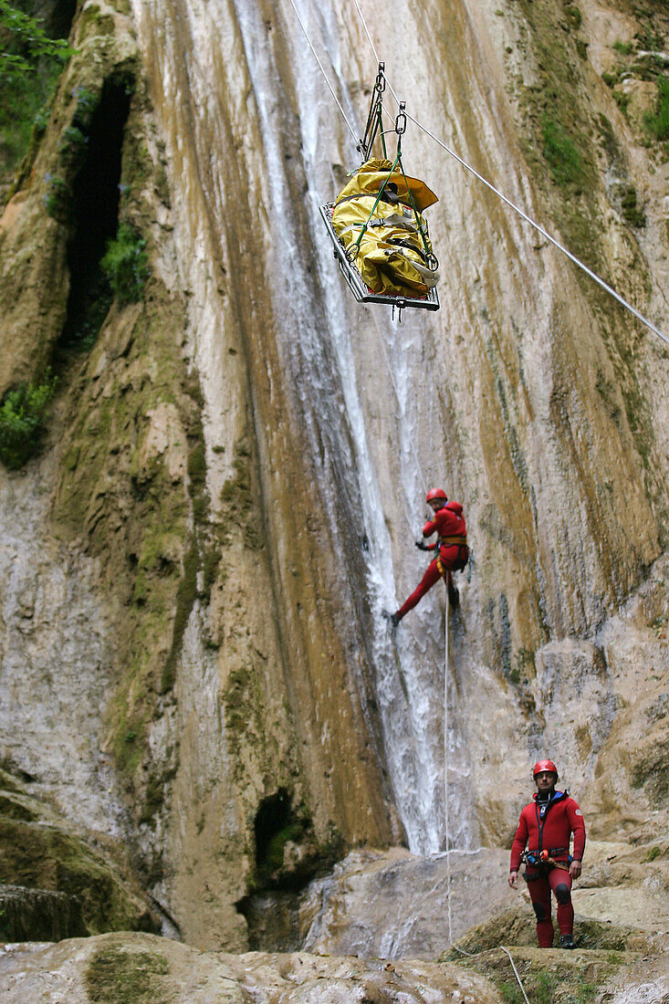 Grimp Firemen Bringing Down A Victim, Canyon Of The Cascade De La Fouge, In Poncin, Ain Fire Department (01), France