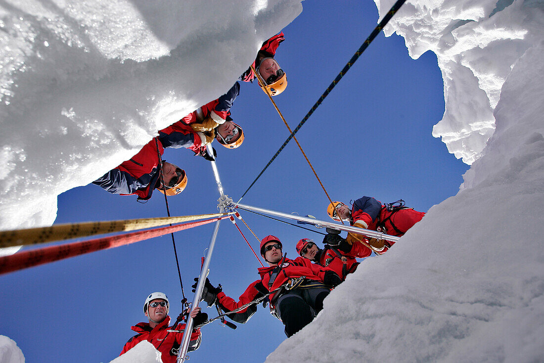 Rescue Of A Skier In A Crevasse With A Tripod And Thermal Winch, Emergency Service Mountain Squad (Gmsp74), Vallee Blanche, Mont-Blanc, Haute-Savoie (74), France