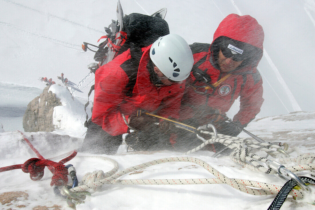 Rappeling Down A Mountain Side, Survival Course For Helicopter Pilots In The Emergency Services, La Meije Lagrave, Hautes-Alpes (05), France