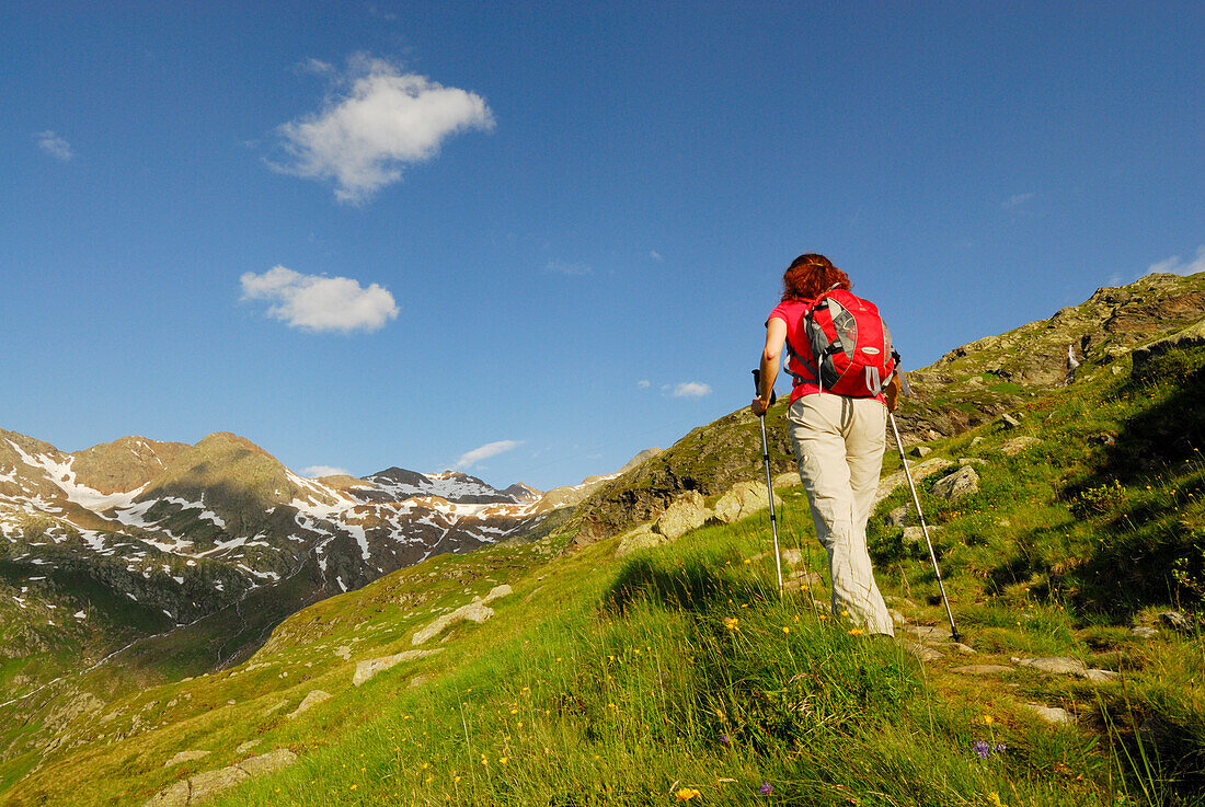 Wanderin beim Aufstieg, Stubaier Alpen, Trentino-Südtirol, Italien