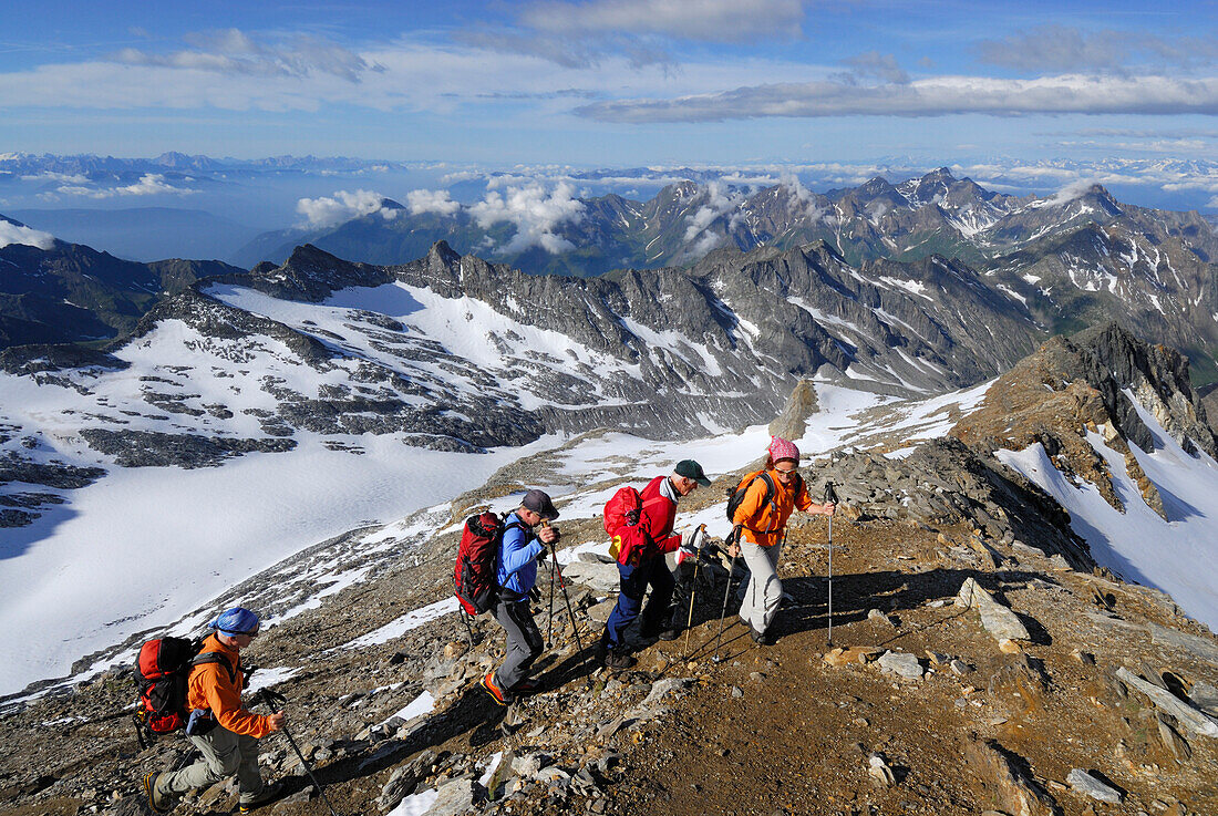 Vier Bergwanderer steigen zum Hochfeiler auf, Zillertaler Alpen, Südtirol, Italien