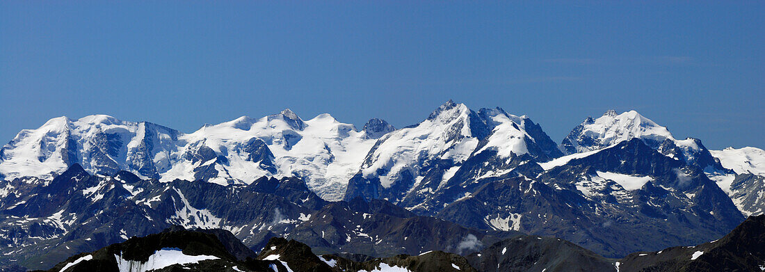 Panoramic view of Bernina range, Upper Engadin, Engadin, Canton of Grisons, Switzerland