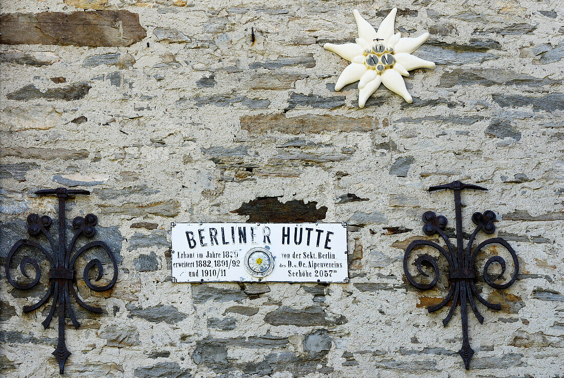 Decorated wall of hut Berliner Huette, Zillertal, Zillertal Alps, Tyrol, Austria