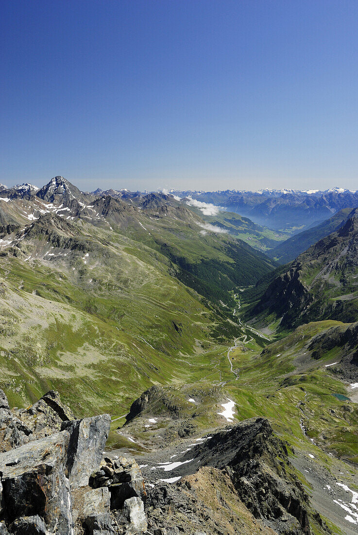 View over Lower Engadin, Engadin, Canton of Grisons, Switzerland