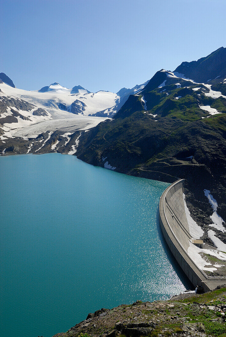 Stausee Griessee mit Staumauer, Griesgletscher im Hintergrund, Tessiner Alpen, Kanton Wallis, Schweiz