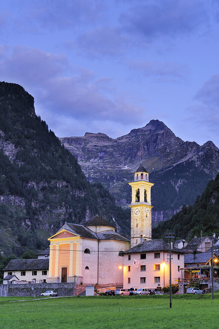 Illuminated church of Sonogno, Valle Verzasca, Ticino, Switzerland