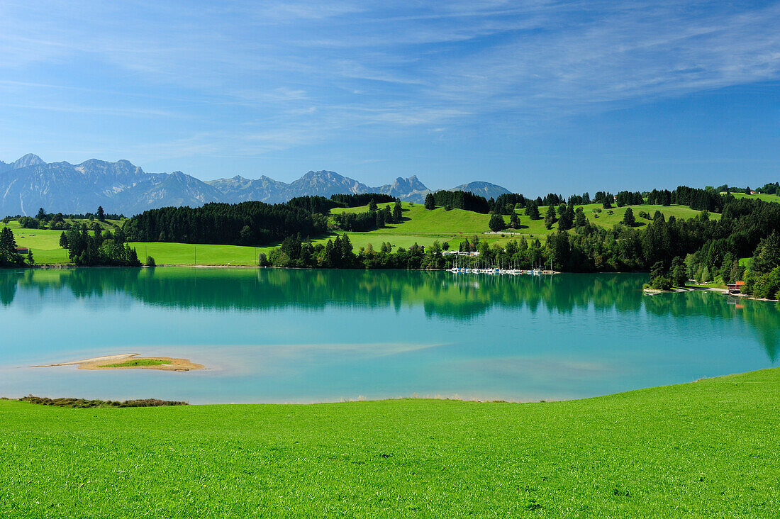 Forggensee mit Tannheimer Berge im Hintergrund, Ostallgäu, Bayern, Deutschland