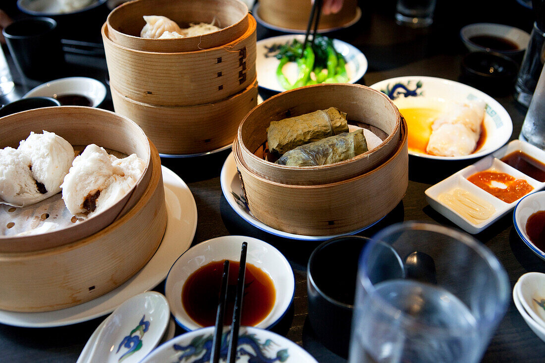 Table with dim sum in the Red Dragon restaurant, Hong Kong, China