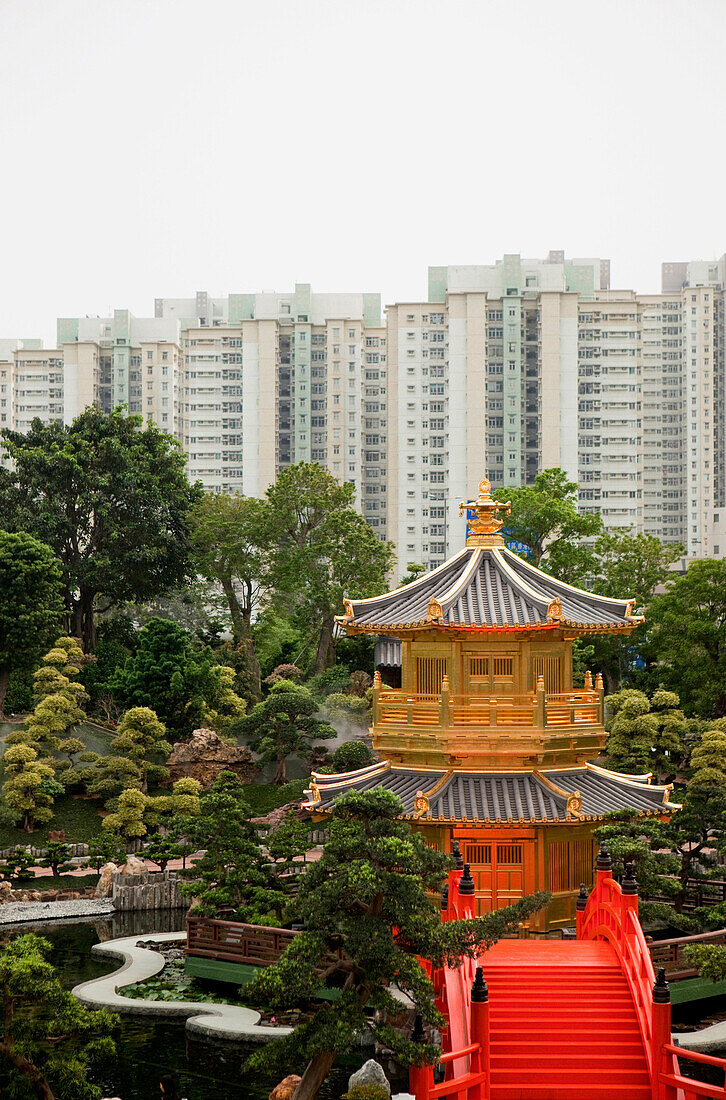 Garten des Chi Lin Kloster mit Hochhäusern im Hintergrund, Kowloon, Hongkong, China