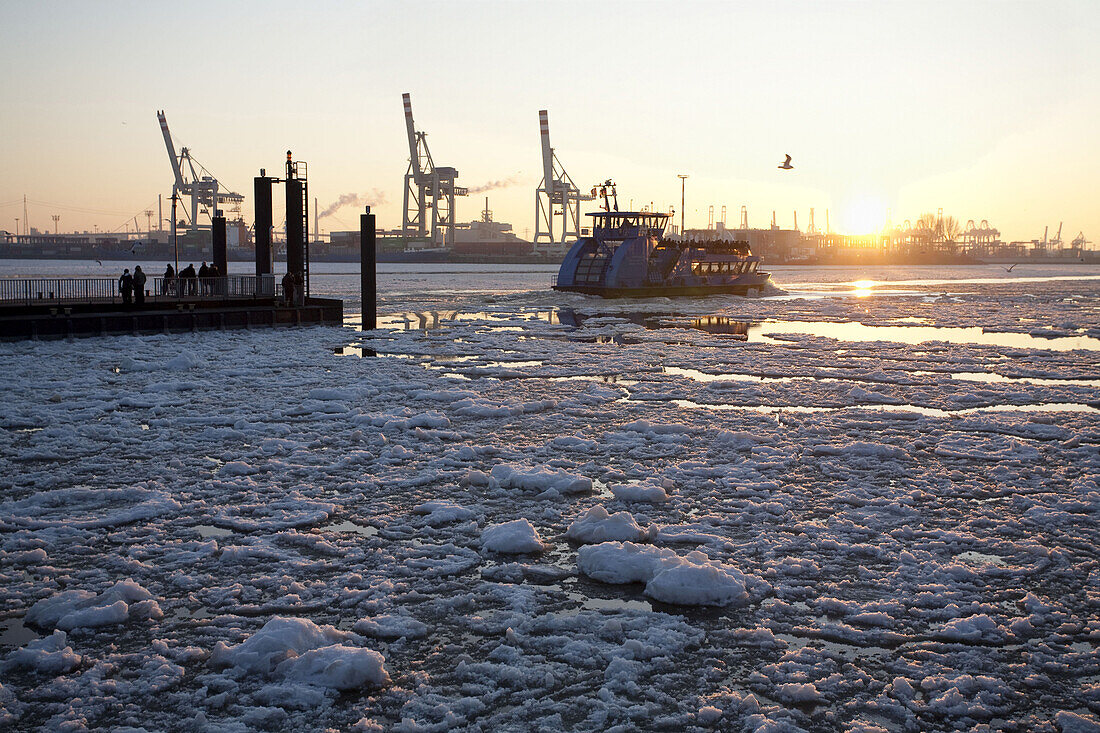 Frozen river Elbe in sunset, Hamburg, Germany
