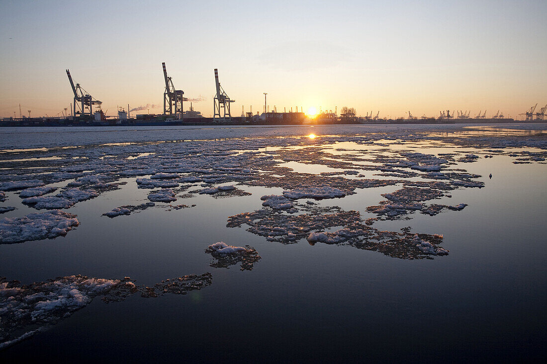 Frozen river Elbe in sunset, Hamburg, Germany