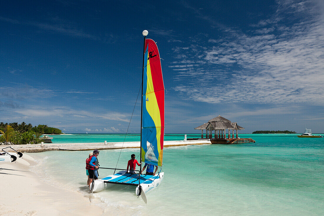 Catamaran on Beach of Maldive Island Kandooma, Maldives, South Male Atoll