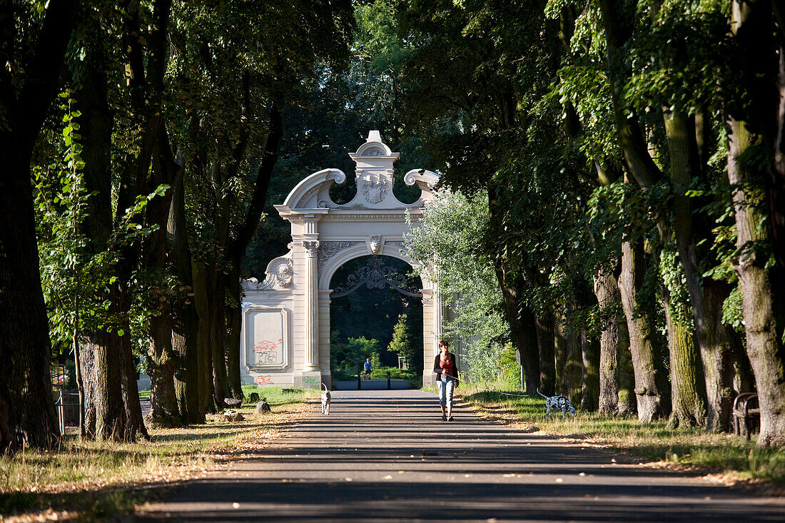 Tor am Ende einer Allee, Leipzig, Sachsen, Deutschland