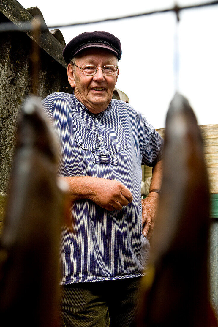 Fisherman, smoked fish in foreground, Utersum, Foehr island, Schleswig-Holstein, Germany