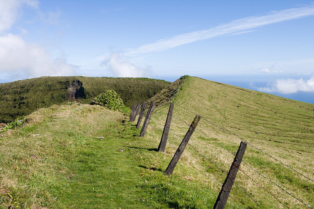 Fence and path along the volcanic crater in Reserva Natural da Caldeira do Faial, Faial Island, Azores, Portugal, Europe