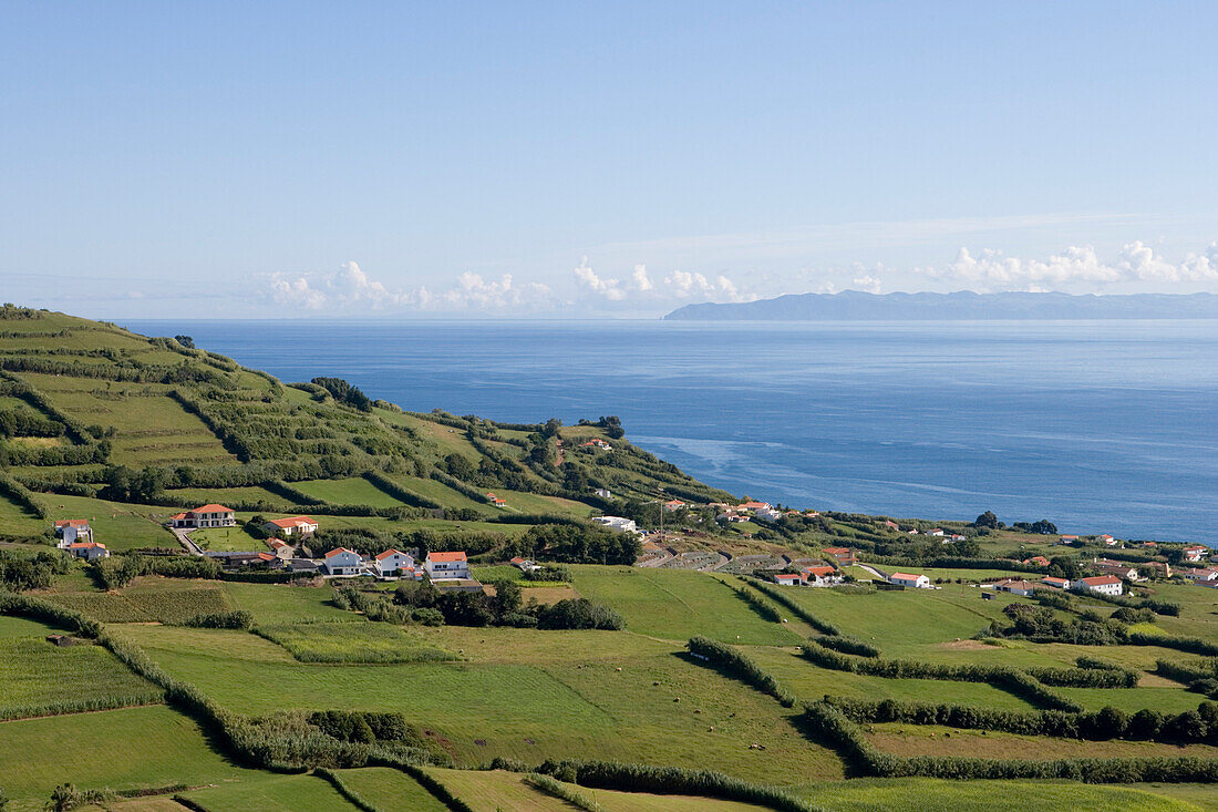 Rural buildings and green meadows, Horta, Faial Island, Azores, Portugal, Europe